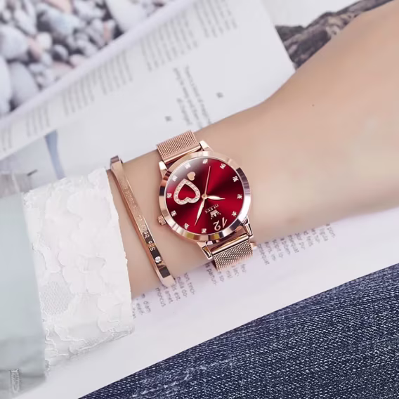 OLEVS Japon Kuvars Kadın Kol Saati Rose Gold/Kırmızı
