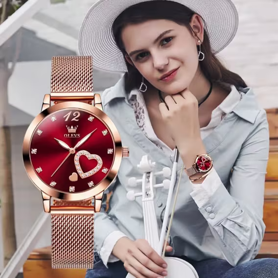 OLEVS Japon Kuvars Kadın Kol Saati Rose Gold/Kırmızı
