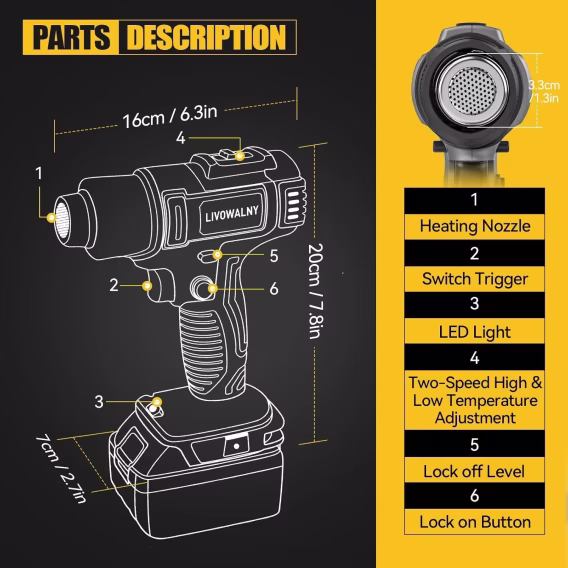 LIVOWALNY 350W Hızlı Isıtma/Lehimleme Sıcak Hava Tabancası (Pilsiz)