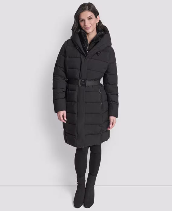 DKNY Kadın Kemerli Asimetrik Fermuarlı Ön Şişme Mont