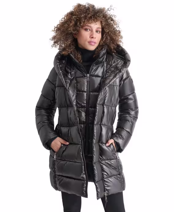 DKNY Kadın Önlüklü Şal Yaka Katlanabilir Parlak Şişme Mont