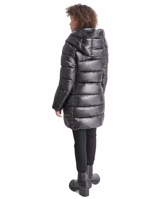 DKNY Kadın Önlüklü Şal Yaka Katlanabilir Parlak Şişme Mont