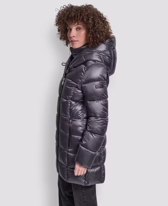 DKNY Kadın Önlüklü Şal Yaka Katlanabilir Parlak Şişme Mont