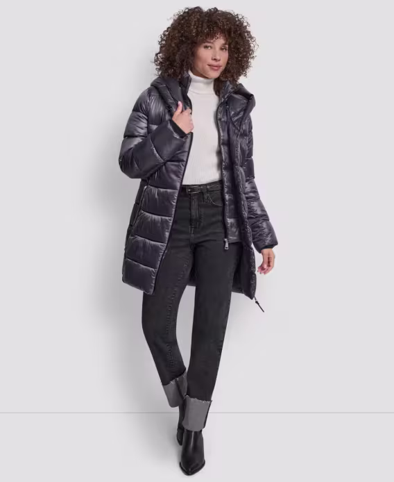 DKNY Kadın Önlüklü Şal Yaka Katlanabilir Parlak Şişme Mont