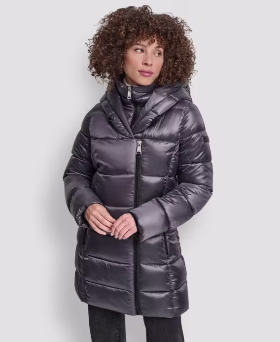 DKNY Kadın Önlüklü Şal Yaka Katlanabilir Parlak Şişme Mont