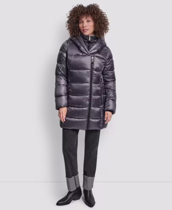 DKNY Kadın Önlüklü Şal Yaka Katlanabilir Parlak Şişme Mont