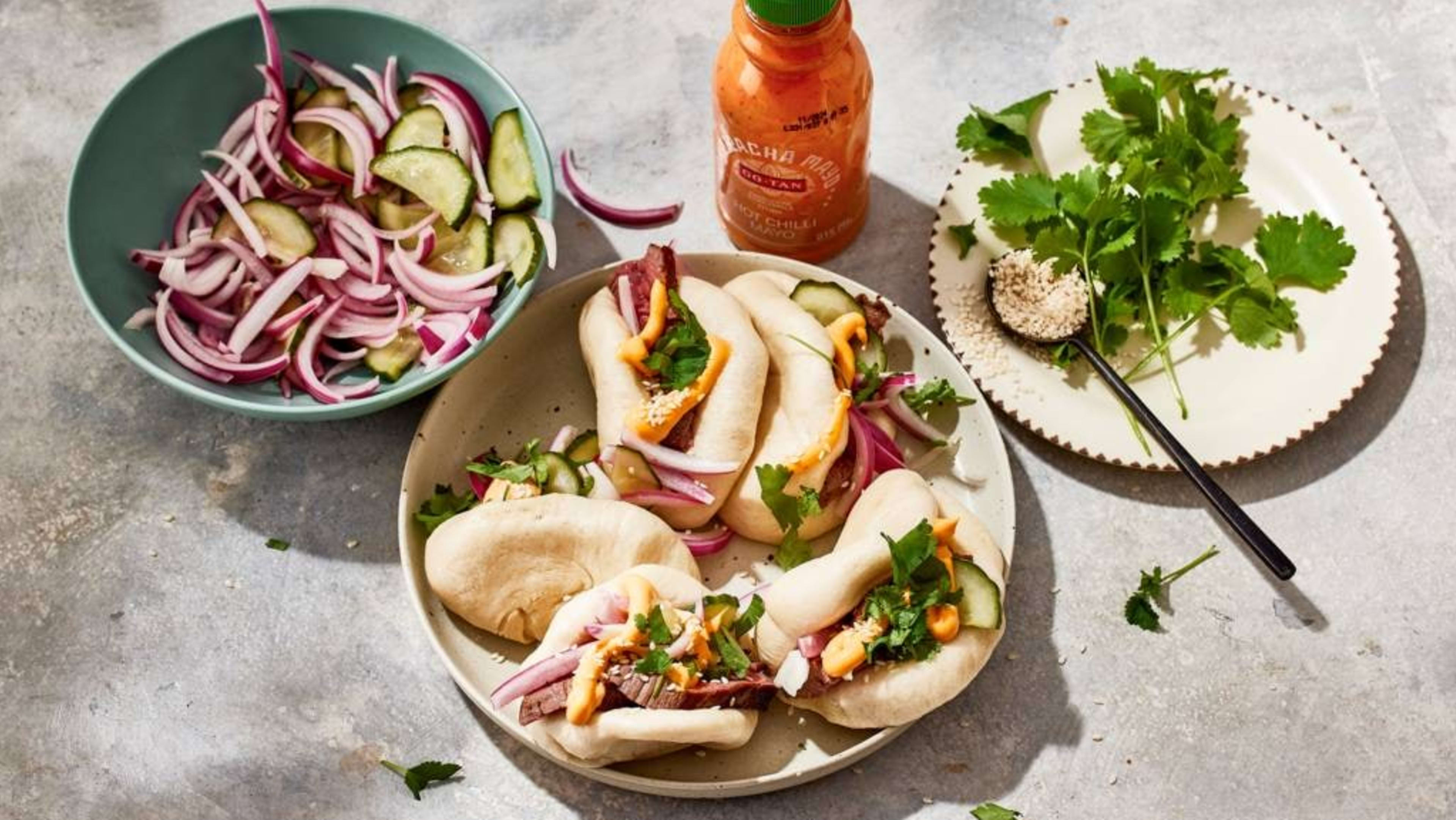 Steamed Buns with BBQ Grilled Steak and Sriracha Mayo