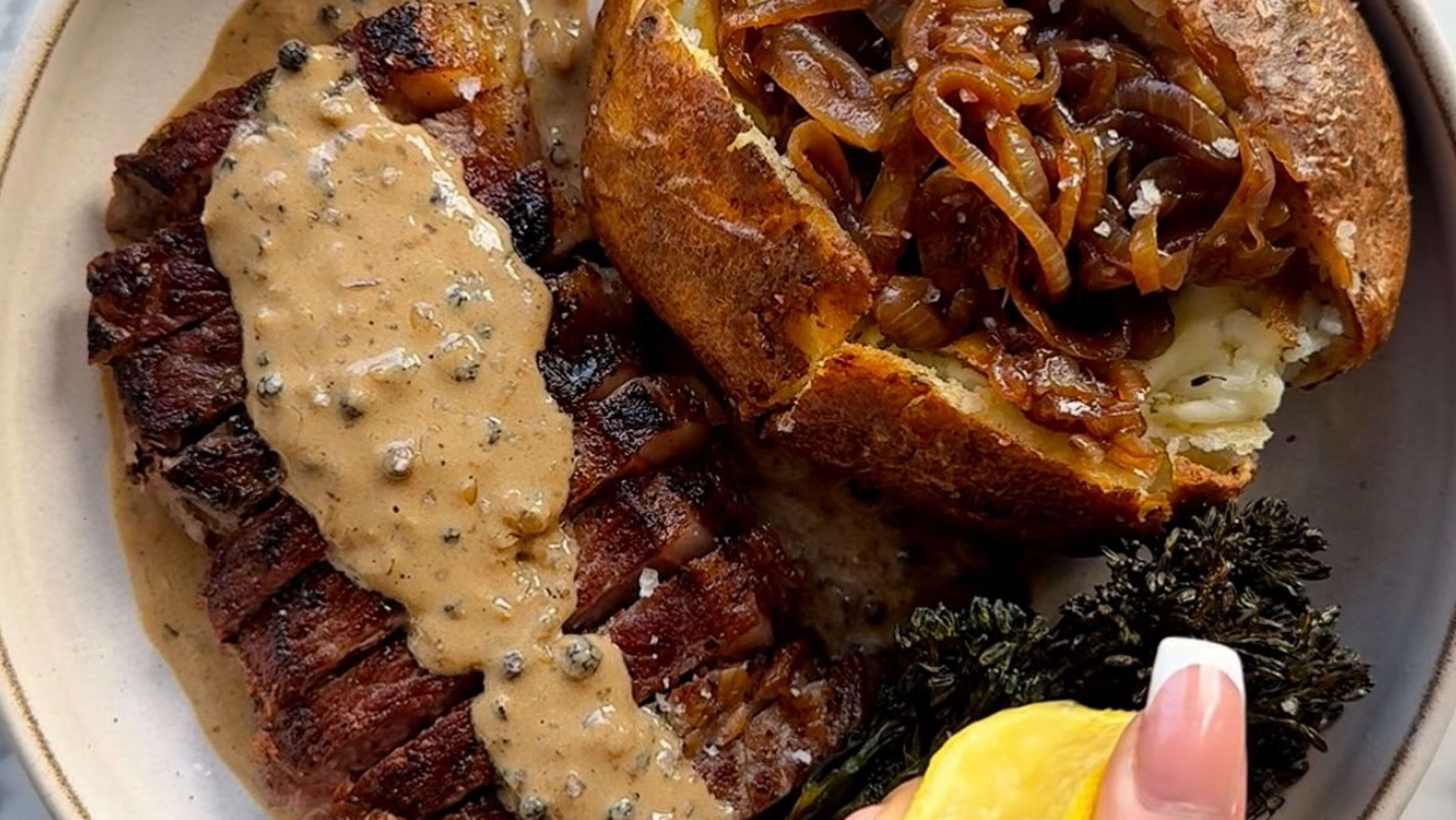Steak with Peppercorn Sauce, Cheesy Garlic Butter Jacket Potato & Roasted Broccoli