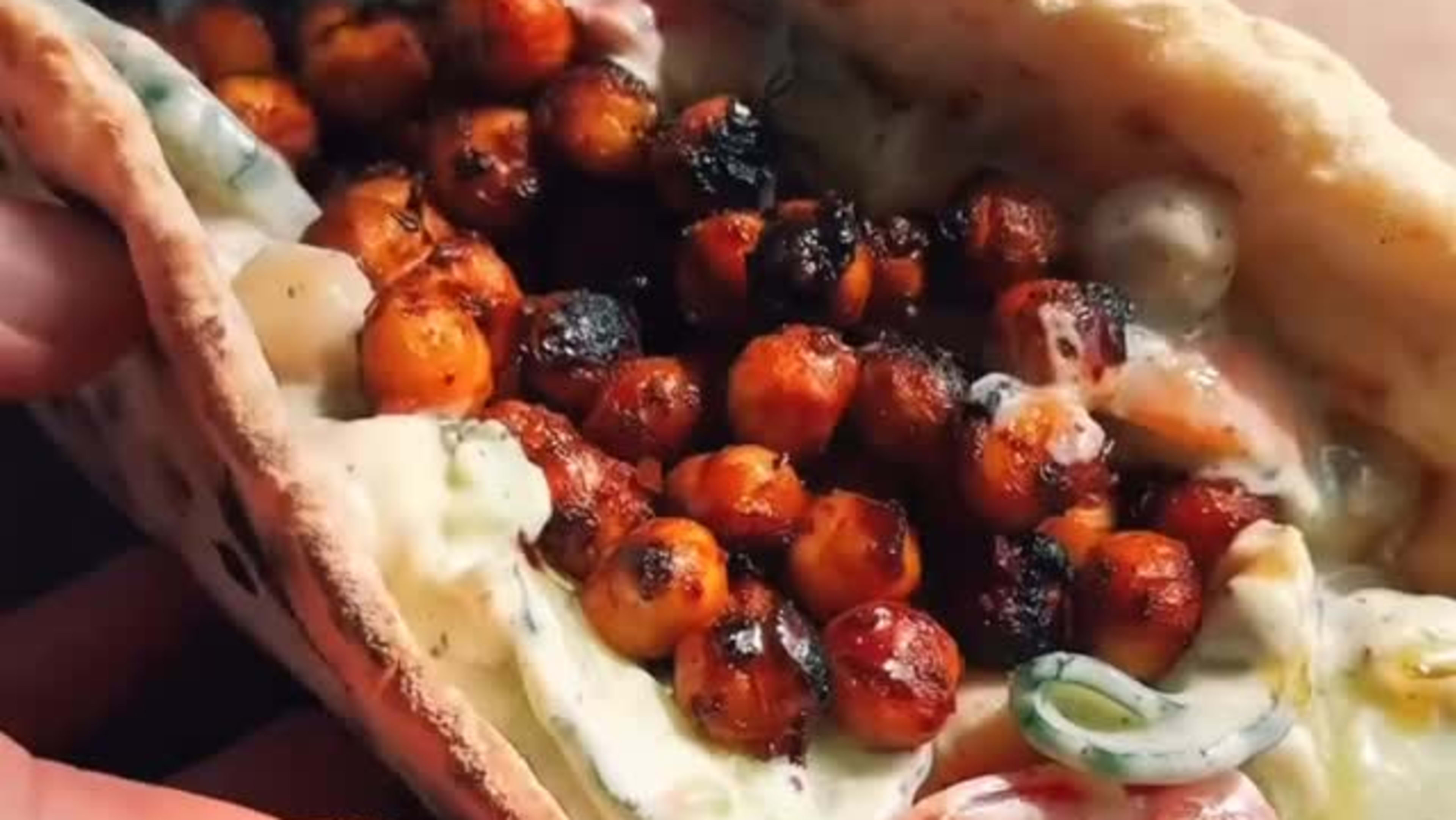 Cucumber Salad Flatbread with Crispy Harissa Chickpeas