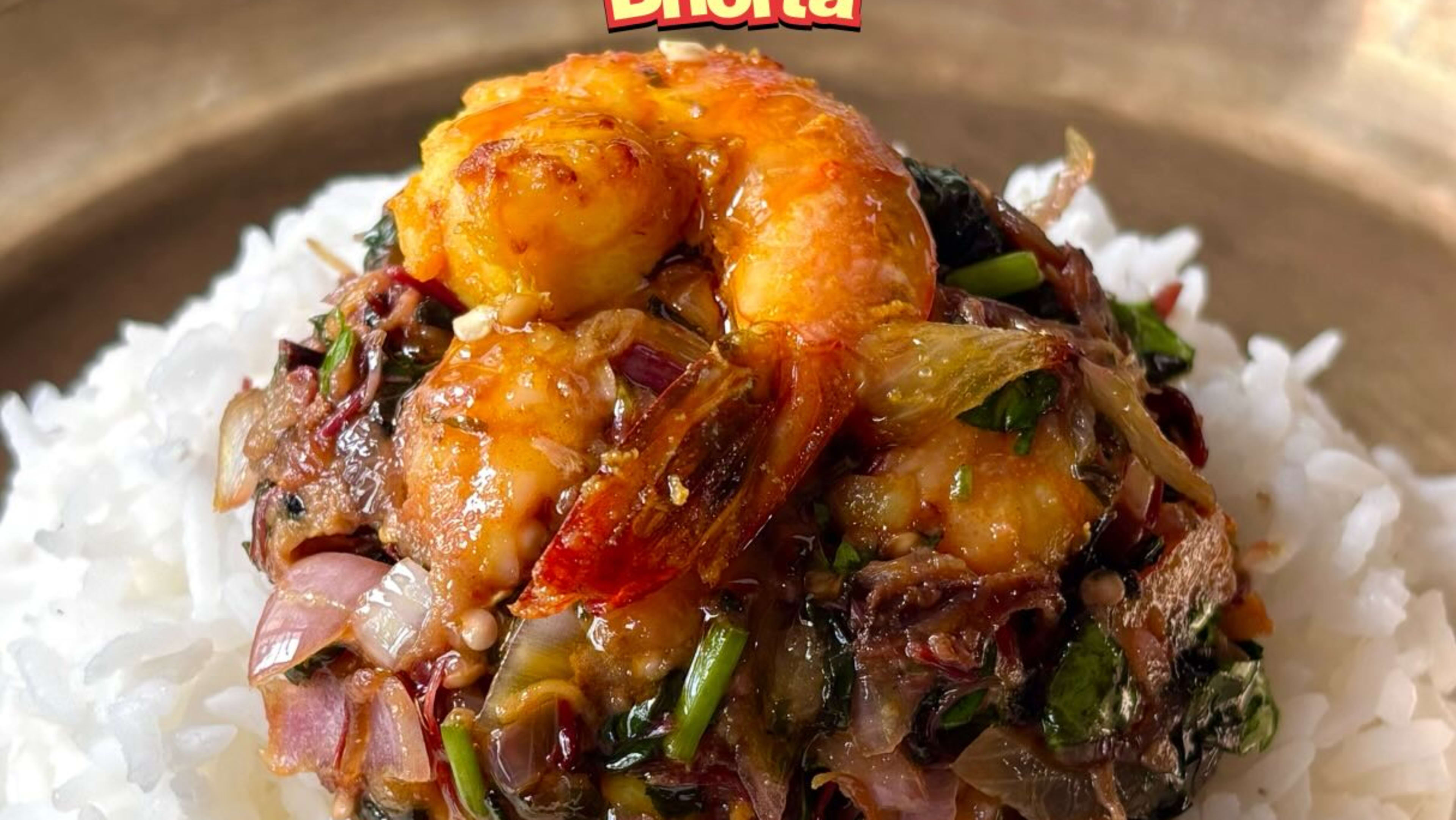 Red Amaranth Eggplant Prawn Bhorta