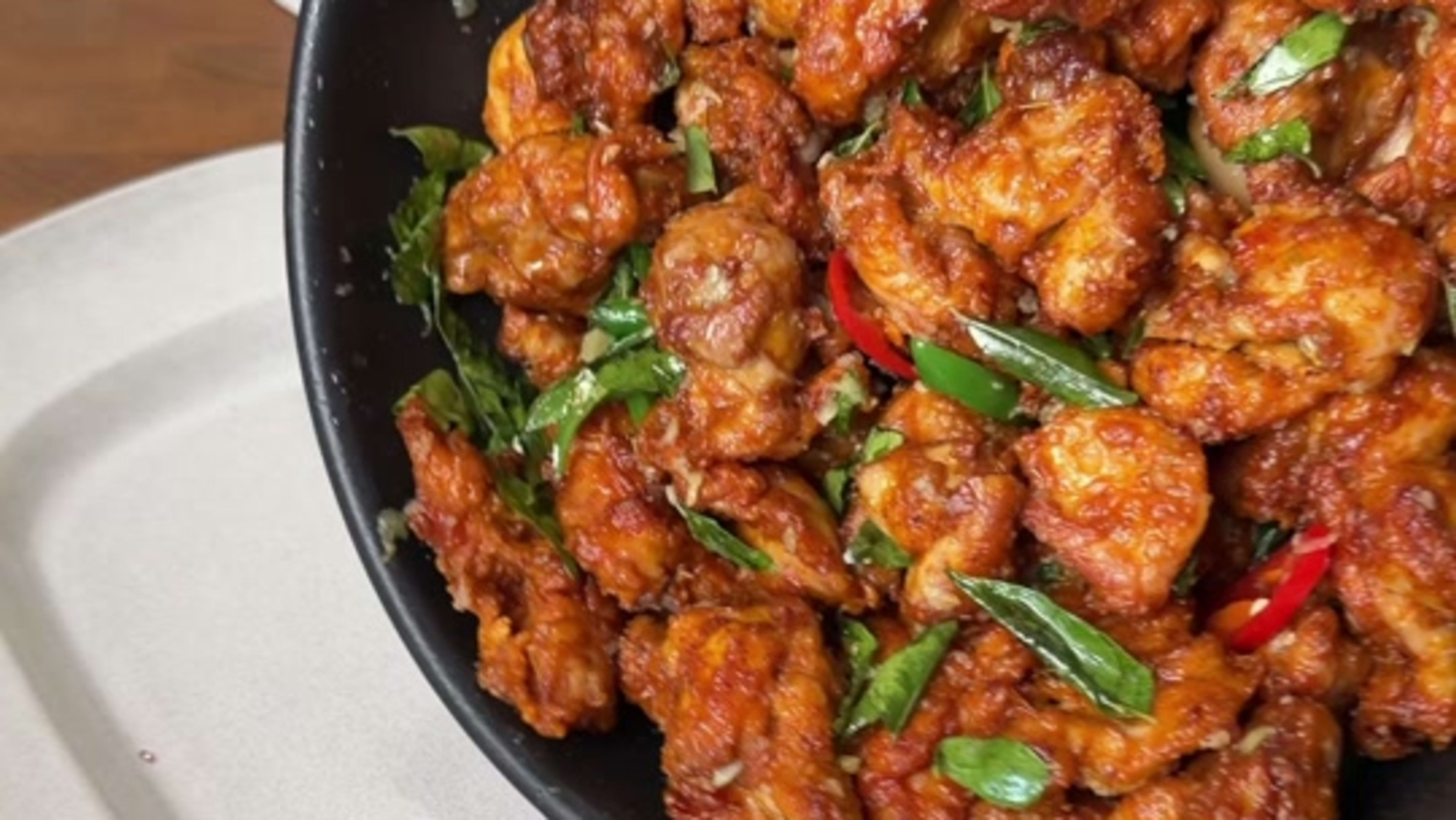 Crispy Spicy Fried Chicken with Curry Leaf Tempering