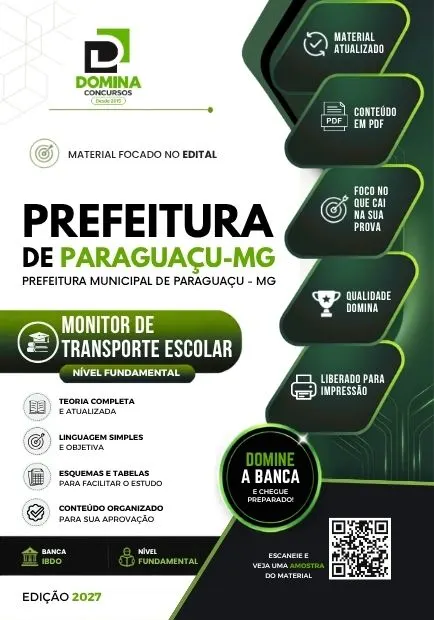 Monitor de Transporte Escolar Paraguaçu MG | Apostila 2027