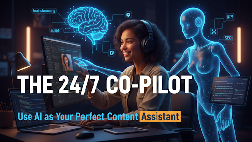 A stylized graphic showing a human content creator working alongside a digital AI interface, symbolizing partnership.