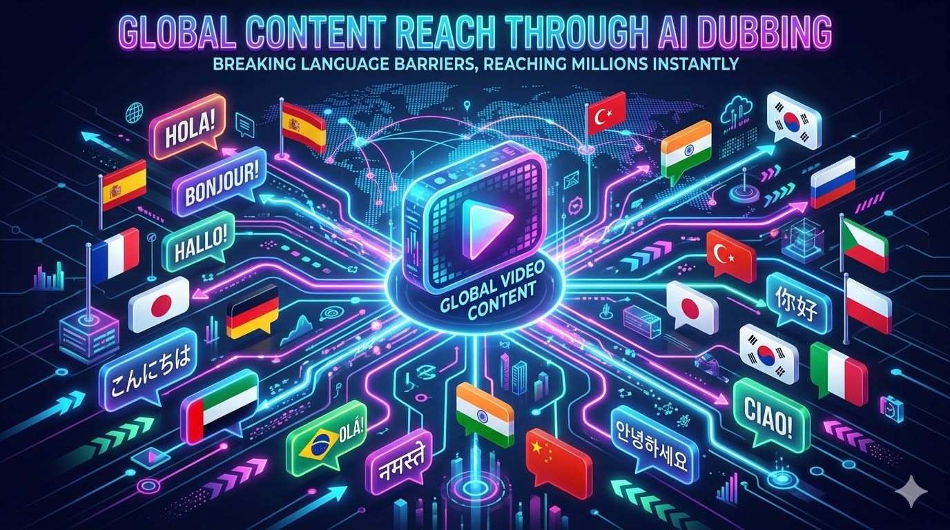 A vibrant infographic showing a central video icon branching out into multiple flags and speech bubbles representing different languages, illustrating global content reach through AI dubbing.