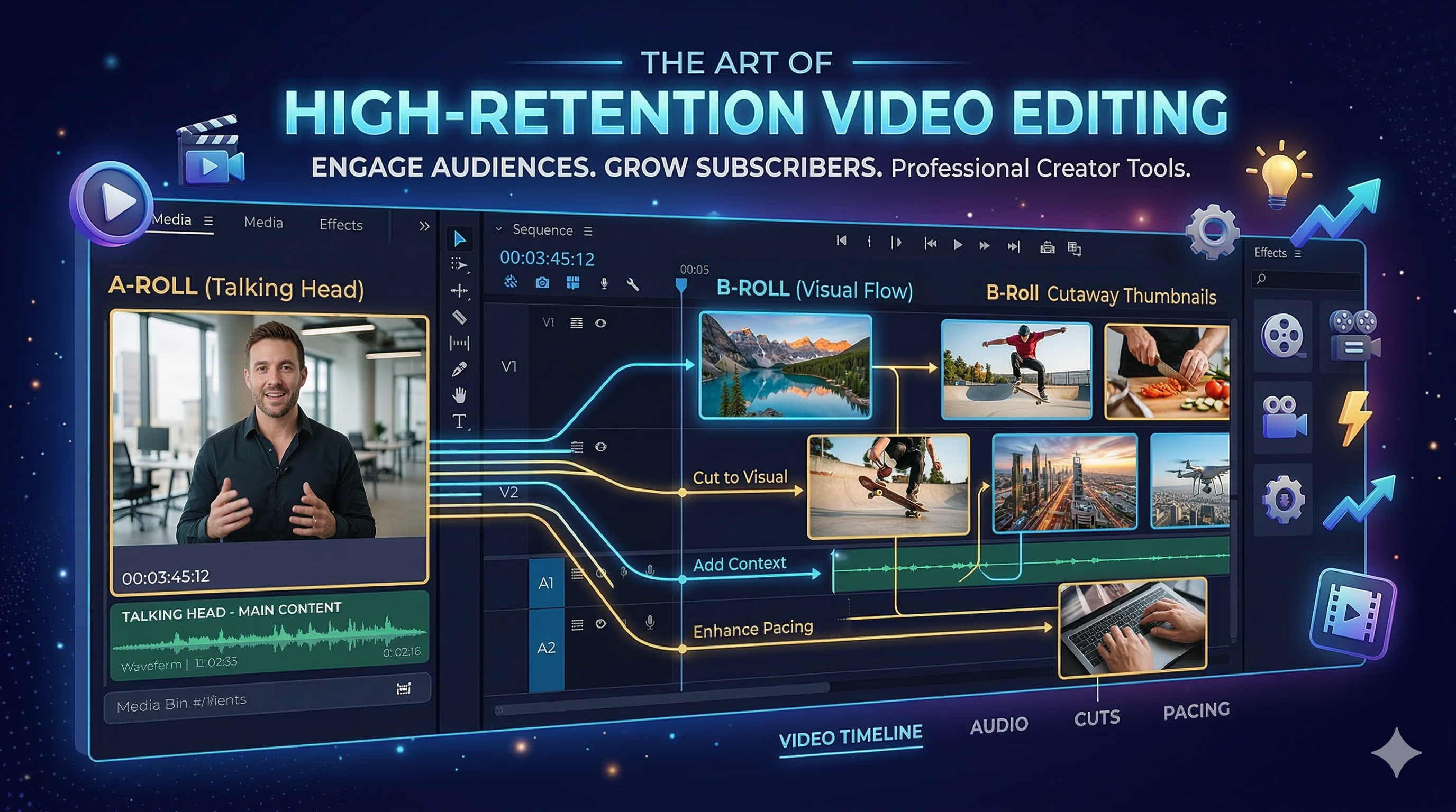 A professional infographic showing a comparison between A-roll (main narration) and B-roll (supplementary visuals) on a video editing timeline.