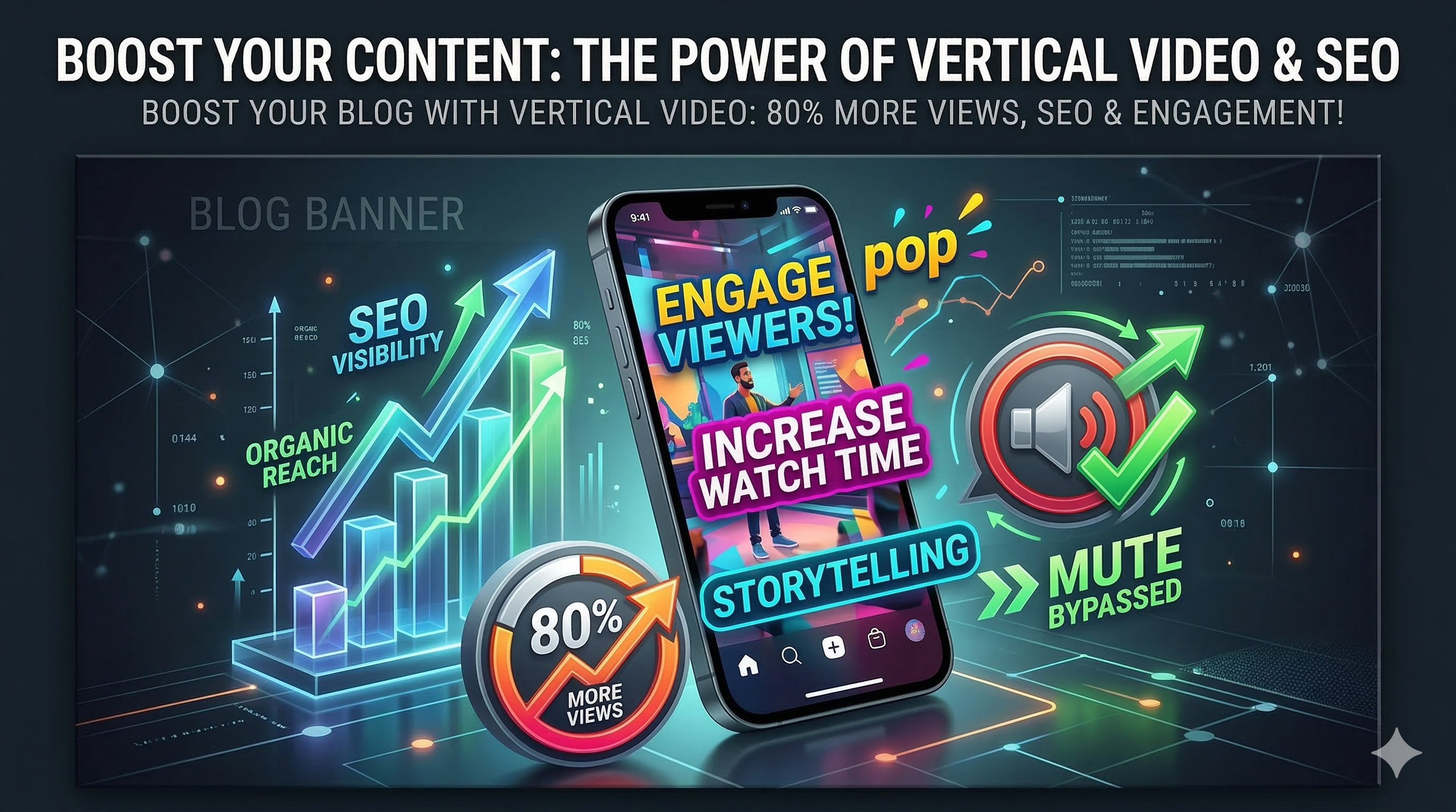 An infographic showing a smartphone screen with vibrant animated captions and rising engagement metrics like view time and completion rate.