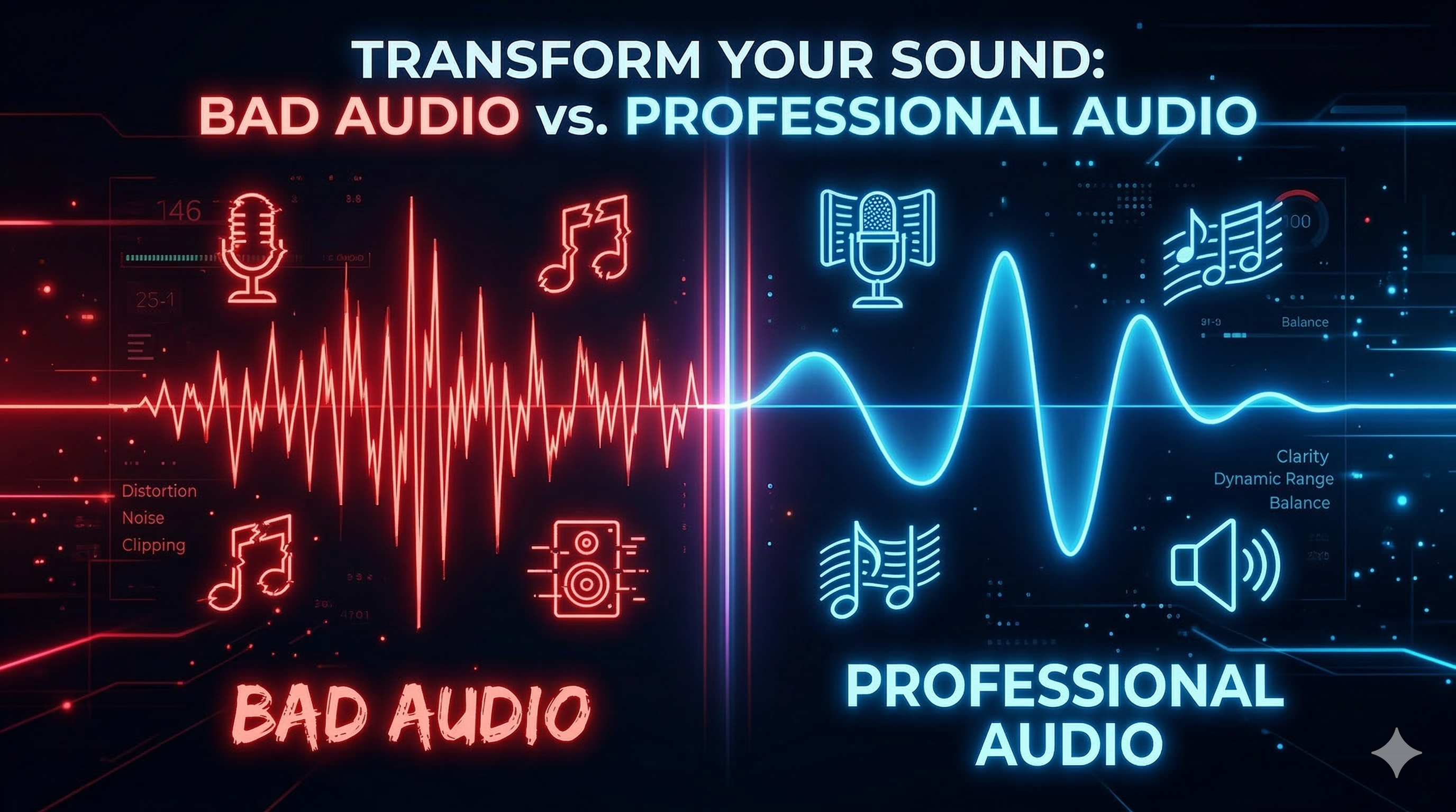 An infographic showing the layers of professional sound design including dialogue, music, foley, and ambiance transitioning into a polished waveform.