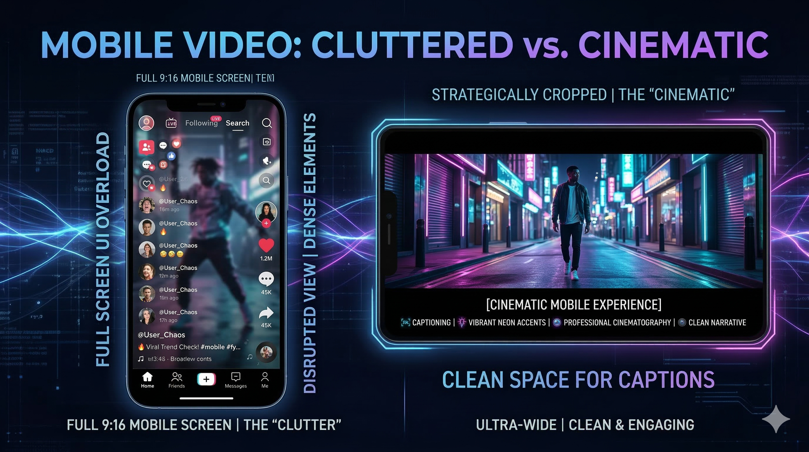 A split-screen infographic comparing a cluttered 9:16 video frame obscured by app buttons versus a strategic letterboxed frame with clear safe zones.