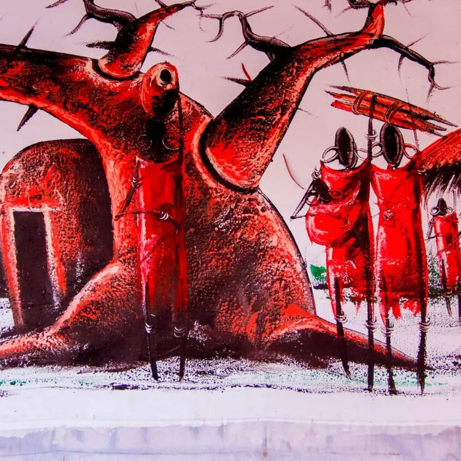A painting depicting Maasai people and a baobab tree., photo 1