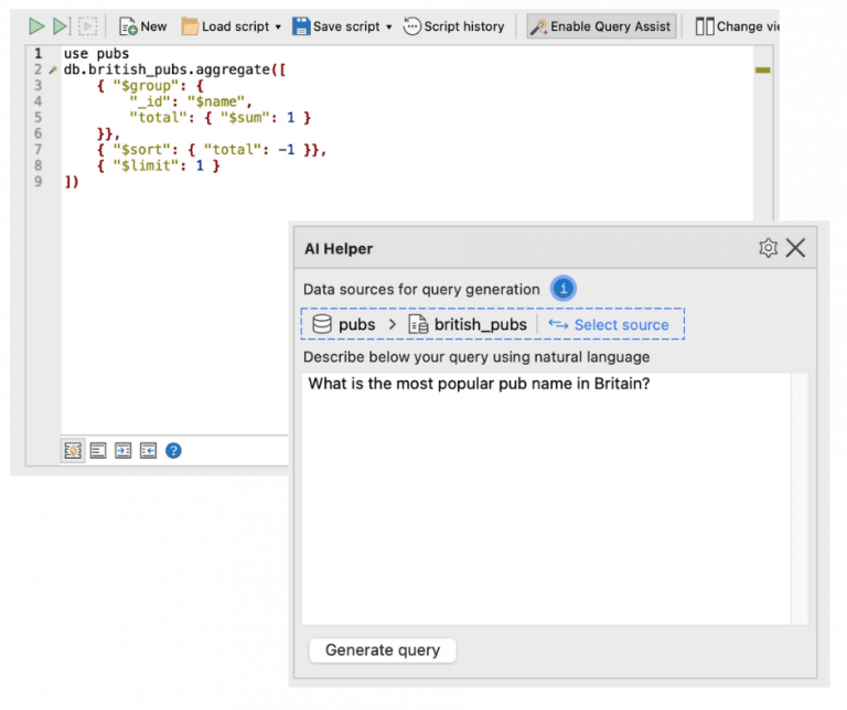 Example of Studio3T Query AI-Helper