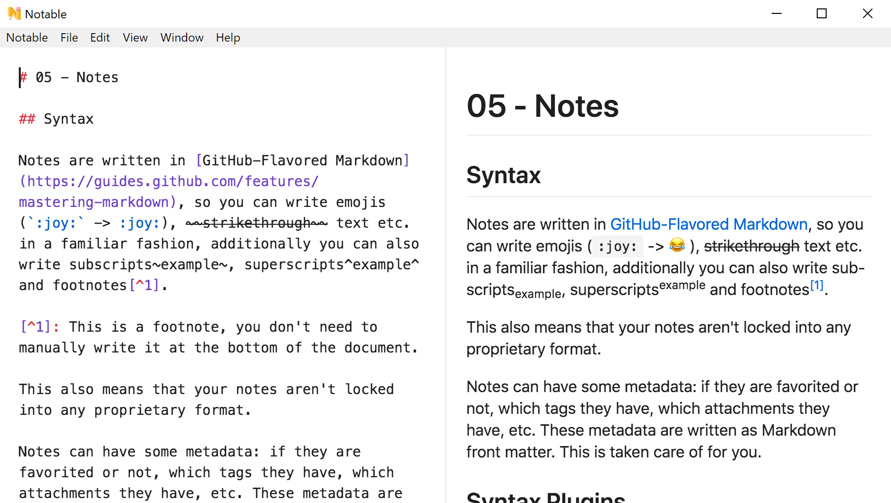 Showcases the split-editor feature of Notable