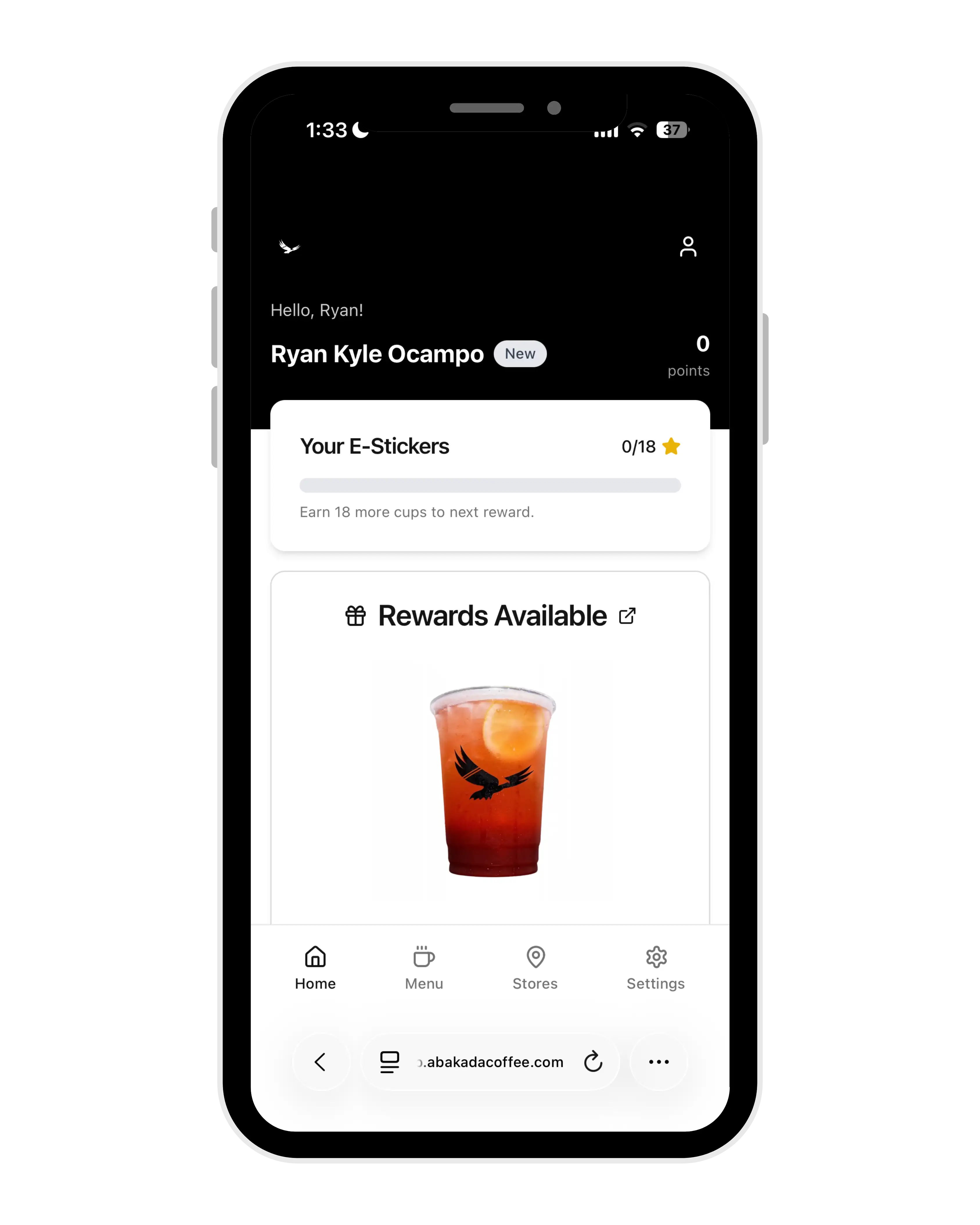 The Abakada Coffee rewards web app — Starbucks-style loyalty, no install required.