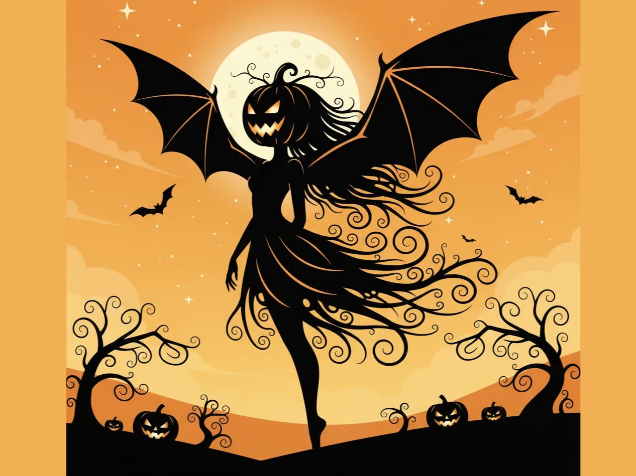 Fée d'Halloween avec Ailes de Chauve-souris et Citrouille - Image 1