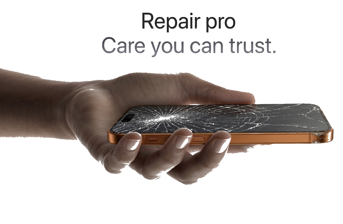 Repair pro — Care you can trust. A hand holding a cracked smartphone