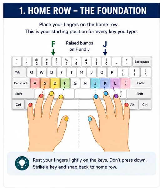 Correct home row finger position for touch typing on ASDF and JKL
