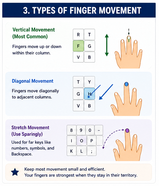 Diagram of vertical and diagonal finger movements on a keyboard