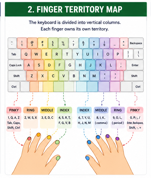 Color-coded keyboard finger territory map for left and right hands