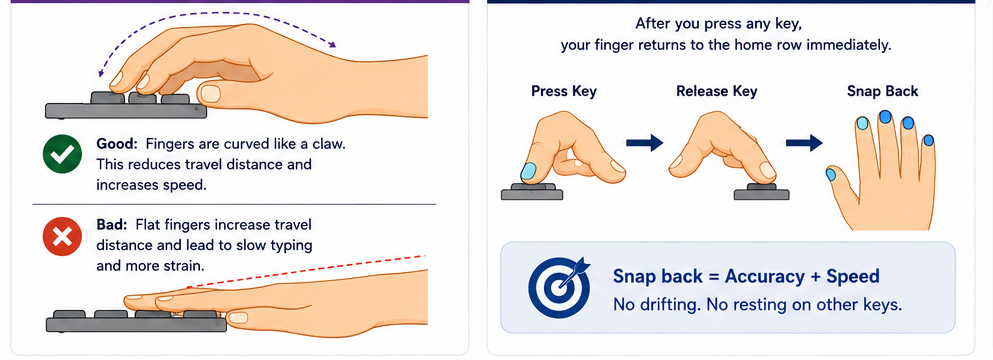 Proper curved finger technique for ergonomic typing