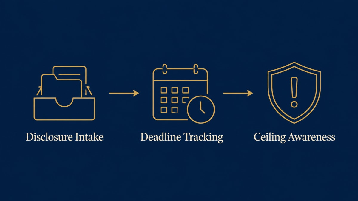 Criminal defence workflow — disclosure intake, deadline tracking, ceiling awareness