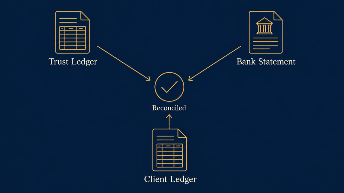 Three-way trust reconciliation — trust ledger, bank statement, and client ledger converging