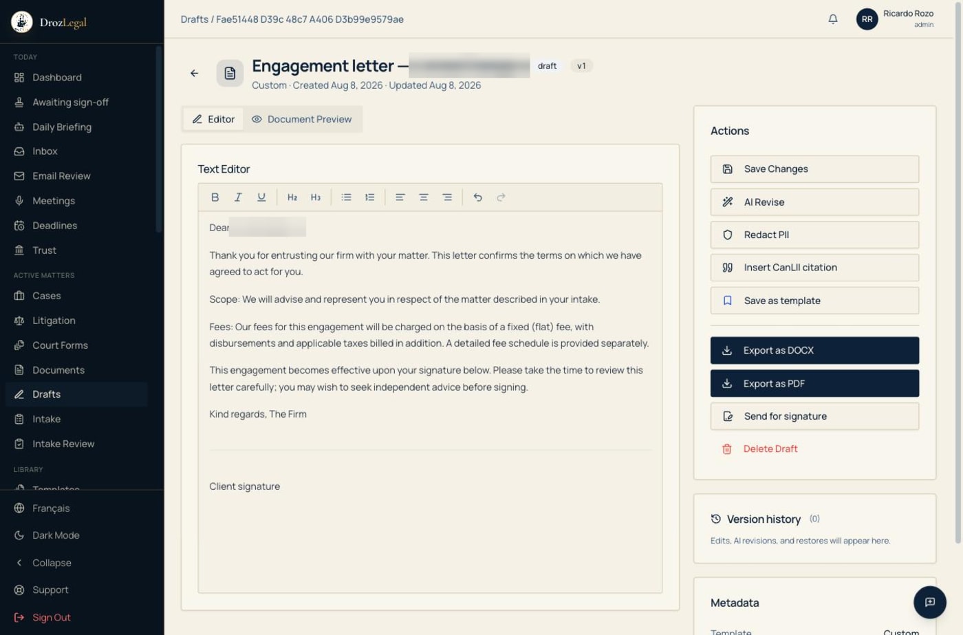 DROZlegal drafted engagement letter open in the editor with export to DOCX and PDF and send for signature actions