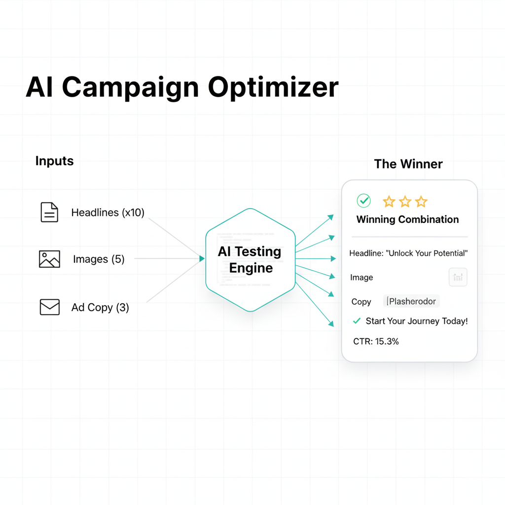 Diagram showing AI testing multiple ad headlines, images, and copy to find a winning combination