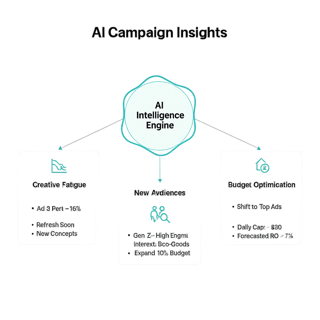 Diagram showing AI providing insights on creative fatigue, new audiences, and budget optimization