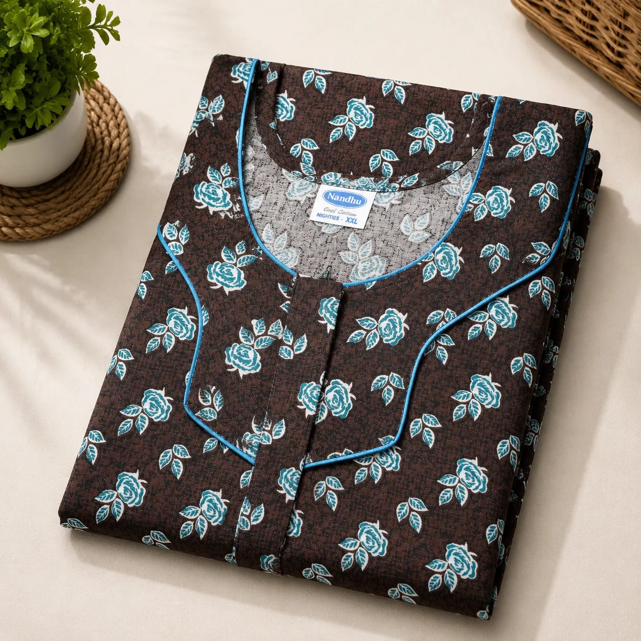 Nandhu Rose Premium Cotton Floral Printed Nighty with Front Zip | Soft & Comfortable Women's Nightwear