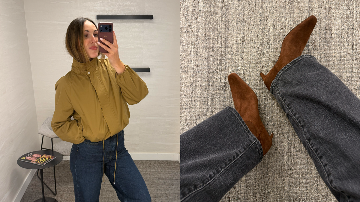 Femme portant une veste à col cheminée avec un jean foncé dans un décor urbain automnal
