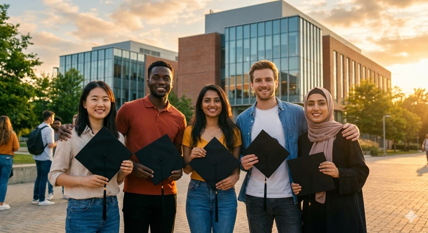 Diverse international students celebrating on university campus