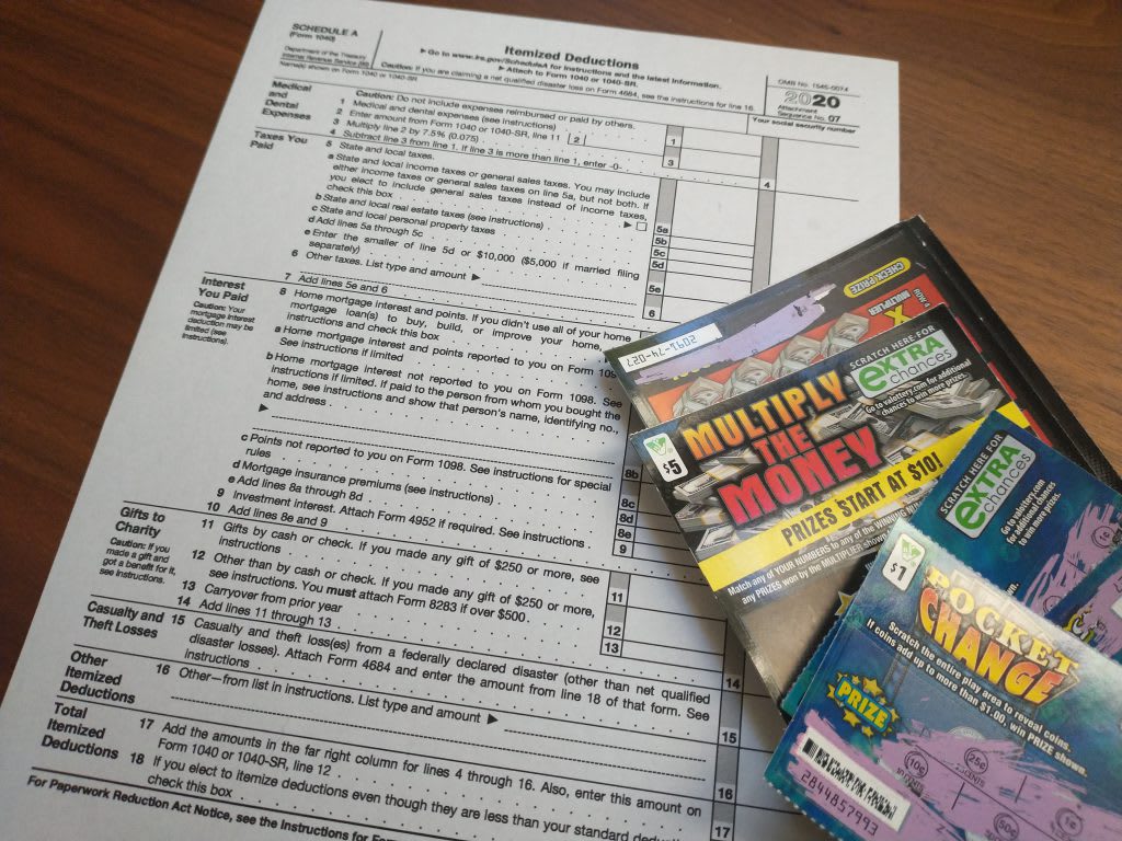 Used scratch off tickets and a blank copy of the Form 1040 Schedule A