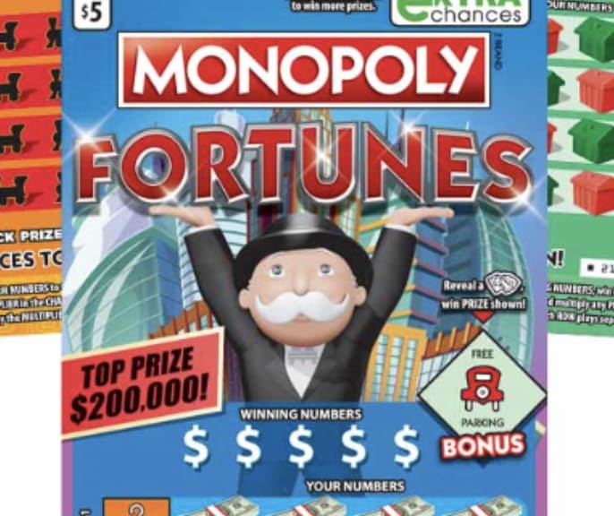 The Monopoly Fortunes scratcher image, one of the only games to return a large profit in a statistically-based simulation.