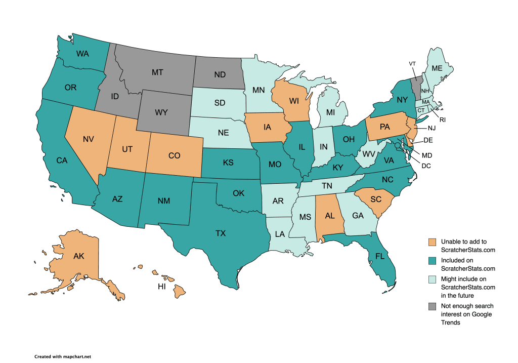 Map of US states whose lottery scratch off data is included ScratcherStats.com or not.