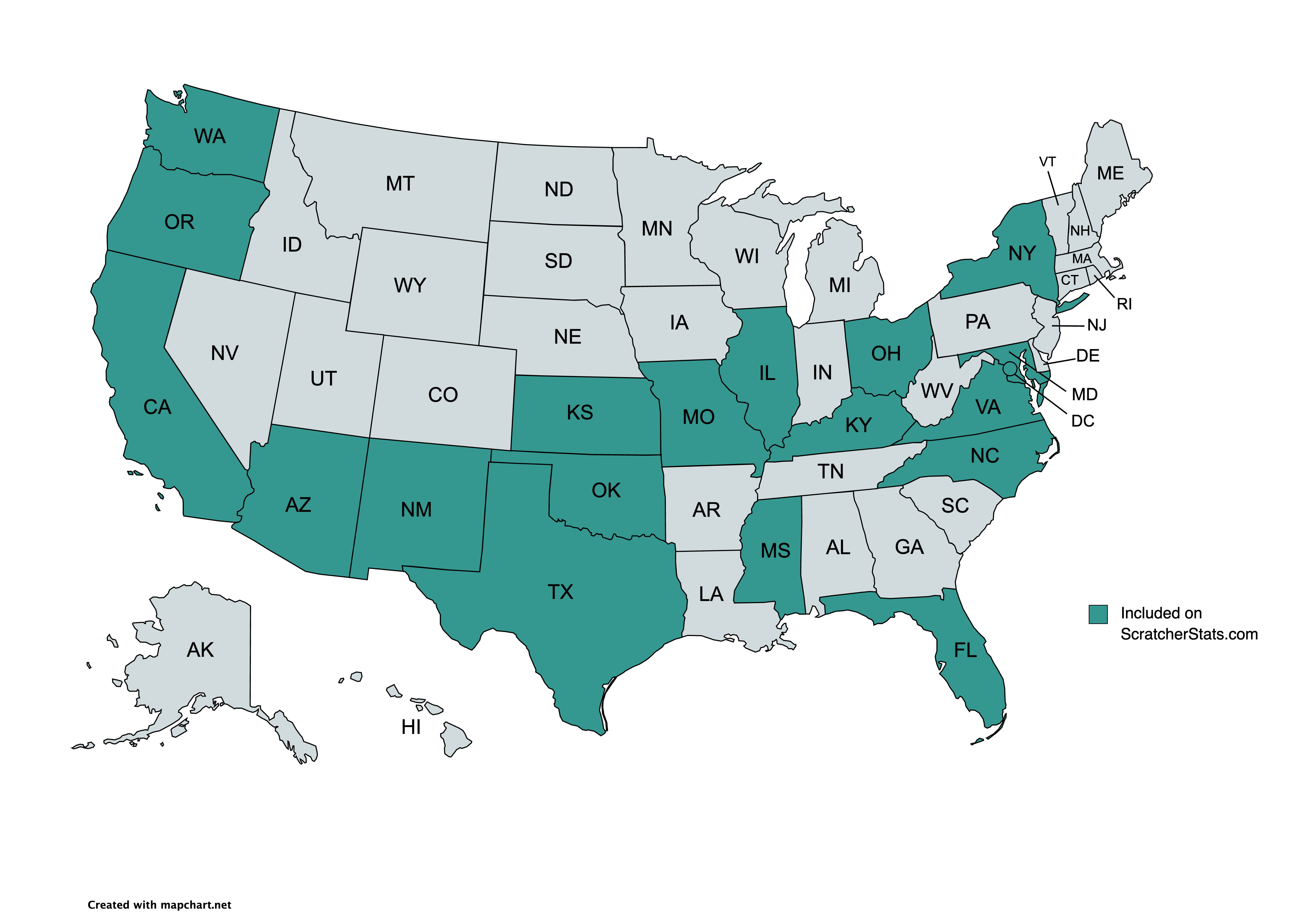 Map of the 18 states plus DC for which scratcherstats.com provides lottery scratcher data.