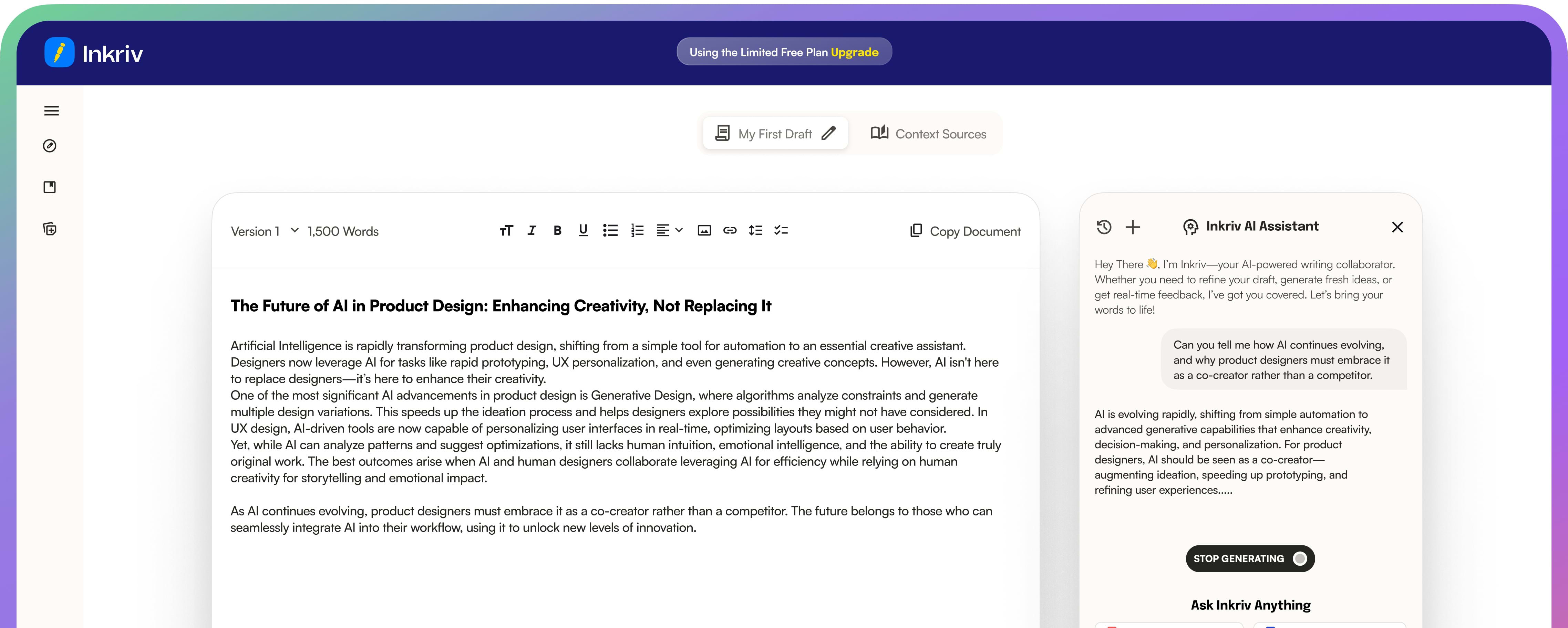 Inkriv product interface showing the writing and research workspace