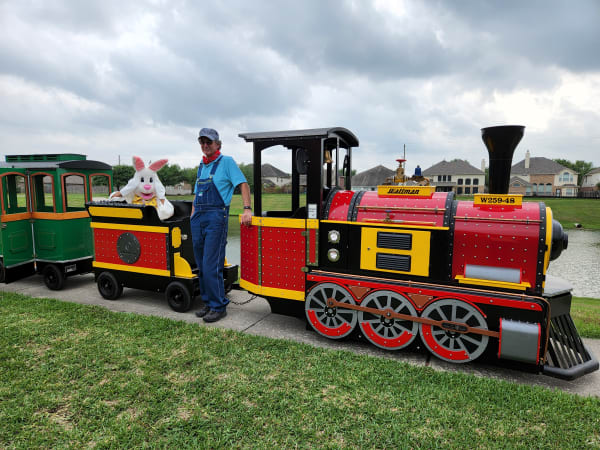 The Diamond Express trackless train with the Easter Bunny