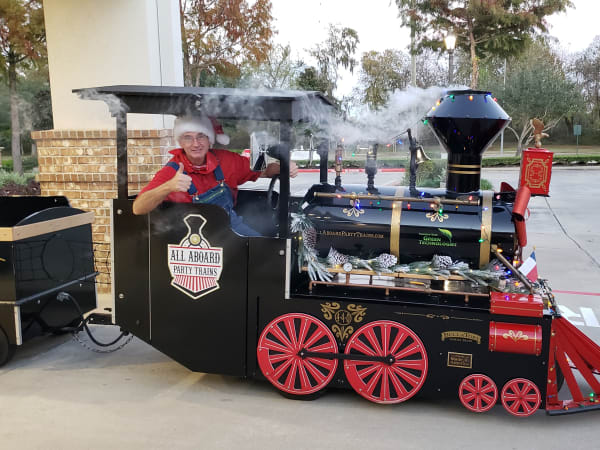 The Texas Flyer's smoke machine puffing from the smokestack