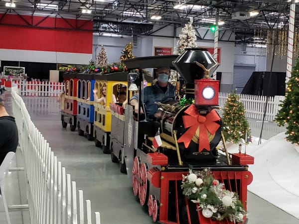 The Texas Flyer decorated for a Christmas event