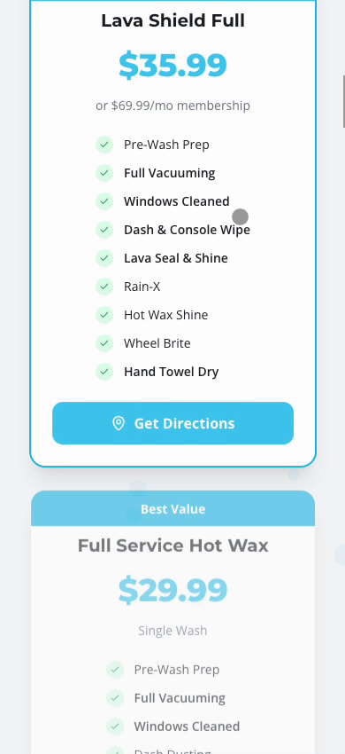 Platinum Car Wash mobile pricing page