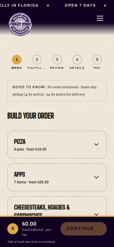 The Violet Stone catering order builder on mobile